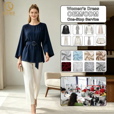 OEM ODM Women Round Neck Flare 3/4 Sleeve Satin Woven Breathable Blouse Belted Waist Loose Elegant Office Chiffon Tunic Tops