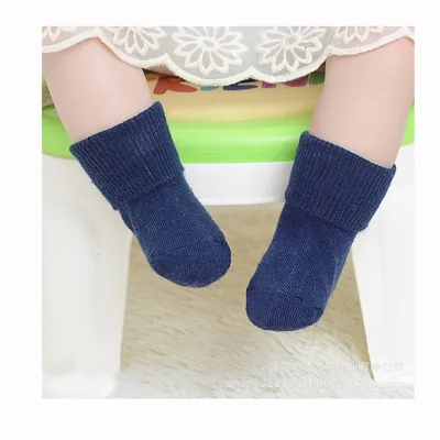 Fold Cuff Winter Warm Socks Solid Color Pure Plain Knit Wool Kids Unisex Boy Girl Baby Socks