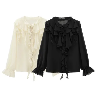 Spring New Style Cute Shirt Top Women's Long Fashionable Loose Casual Broadcloth Bowknot Layered