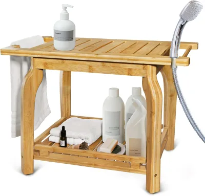 New 2 Tier Bamboo Shower Bench Razor Feet Waterproof Bathroom Bench Shower Bench with Storage Shelf