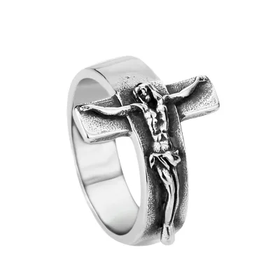 Men's Antique Silver Plated Cross Ring  Design Stainless Steel Fashion Ring