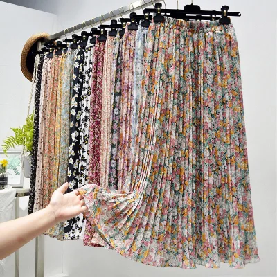 Korean-style High-Waisted Floral Printed Chiffon Pleated Anti-Wrinkle A-Line Beach Skirt Spring-Summer New Mid-Length