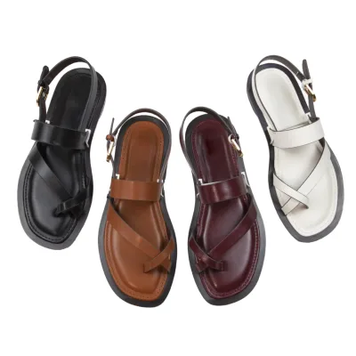 Women's 2025 New Fashion Trend Summer Lace-up Flat Sandals PU Upper Rubber Sole Single Strap Cross Flat Sandals