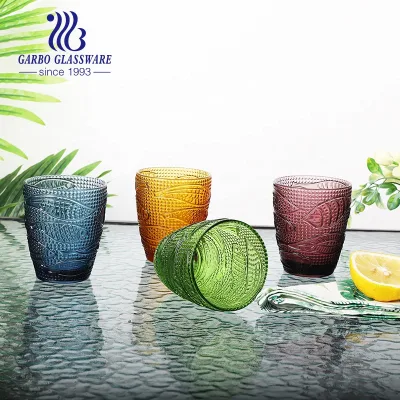In Stock Multi Colors Unfading Dark Blue Green Amber Glass Tumblers With Fish Embossing Design 10 Ounce 280ml Juice Cups Set