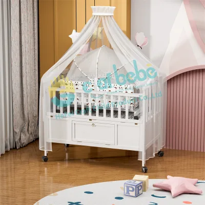 Modern Nursery Furniture Wooden Baby Cribs Dropside Convertible Bedside Bed Baby Cot With Drawer and Cradle