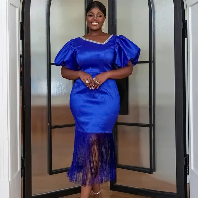 Asymmetric Puff Sleeves Fringe Sequined Classy Shiny Blue Women Prom Dress