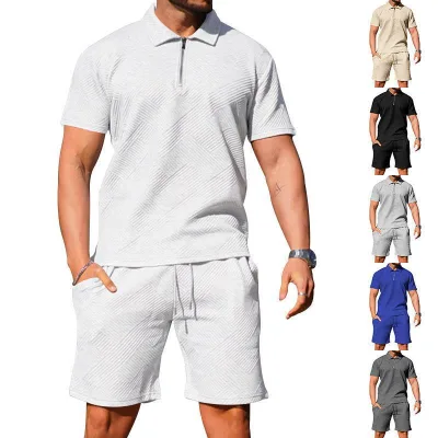 New Arrival High Quality 100% Cotton Men's Polo Sets Fashion Design Half Zip Plain Dyed Polo Shirts and Short Set