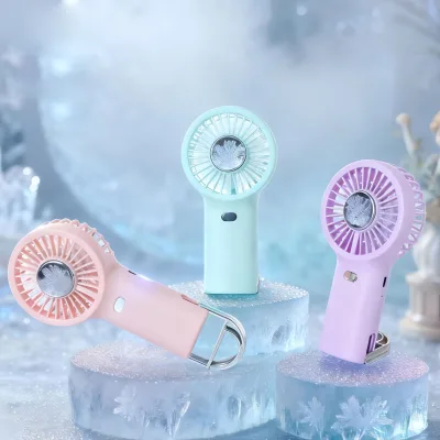 HECION Summer Cooling, Ice-Cooling, Handheld Fan with Light, 3-Speed Settings, Stand, Charging Port, and Carabiner Clip