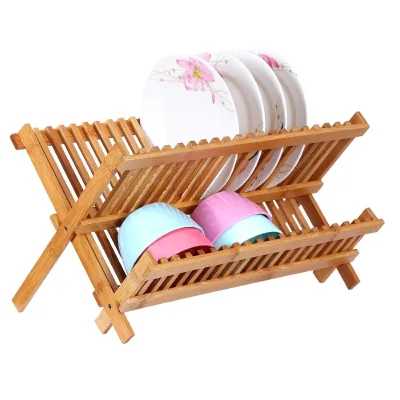 Supply 2 Tier Kitchen Organizers Collapsible Bamboo Plate Rack Dish Drainer Dish Drying Rack for Countertop Space Saving Storage