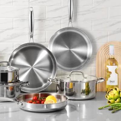 Hot-selling Durable Eco-Friendly PFOA Free Tri-ply Stainless Steel 9-Piece Heavy Cookware Set Glass Lid Oven Dishwasher Safe Gas