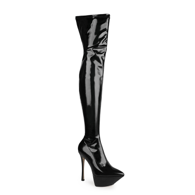Fashion Style Slim Stretch Patent Leather Stiletto High Heels Pointed Toe Platform Thigh High Boots
