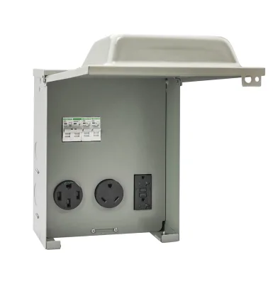 RV Power Outlet Panel With GFCI Waterproof Lockable Enclosed RV Breaker Box With 20/30/50 Amp Receptacle and Circuit Breaker