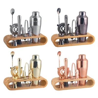 Best Selling Gift Set Stylish Bamboo Stand Metal Cocktail Shaker Set 10 Pieces Bartender Kit for Cocktail Making
