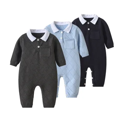 High-End Excellent Quality Unisex Polo Romper Long Sleeves Cute Style Button Solid Hot Sale Baby Boy Clothes Autumn