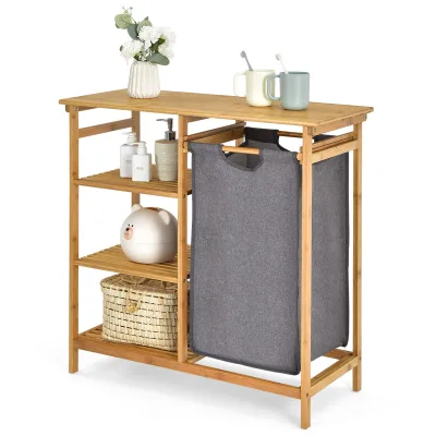 Bamboo Laundry Hamper Stand,Wood Freestanding Laundry Organizer Removable Sliding Bag,4 Tier Open Shelves Storage Cabinet