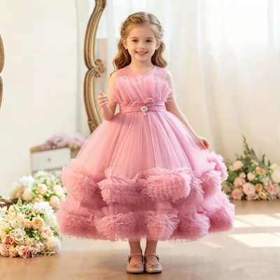 Foreign Trade New Arrivals Cotton Blend Mesh Ball Gown Girls Ethereal Princess Europe America Style Dress for Parties Birthdays