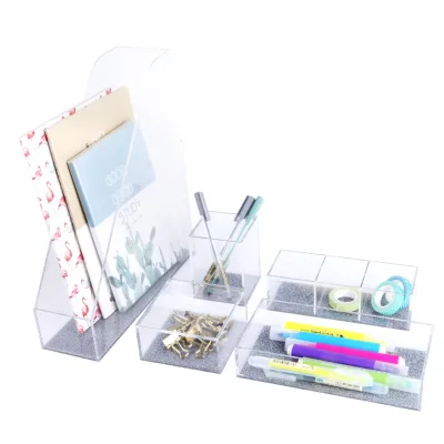 School Office Stationery Set Silver Glitter Acrylic File Rack, Pen Holder, Desktop Storage Box