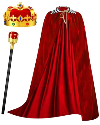 3-Piece Adult Emperor Velvet Cape Costume Set Medieval Robe Regal Crown Scepter for Men Carnival Cosplay (49.2 Inch Red)