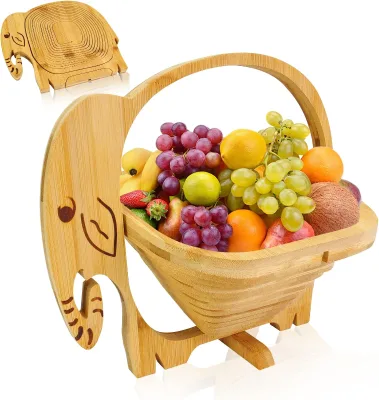 Elephant Shaped Bamboo Fruit Basket, Foldable Vegetable Storage Bowl Rack for Kitchen Party