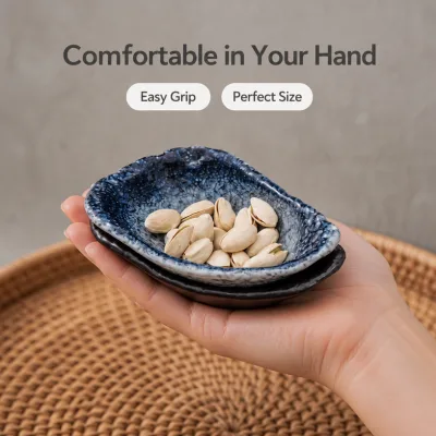 Japanese Style Ceramic Speckled Blue Grey Handmade Oyster Shape Asymmetrical Sushi Restaurant Dipping Sauce Dish Set