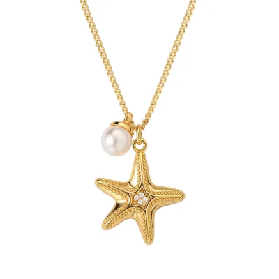 European American Cross-Border Hot-Selling Brass Real Gold Plating Simple Daily Ocean Series Zircon Pendant Necklace Pearl