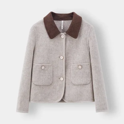 2024 Autumn Winter High-End Retro Double-Sided Woolen Coat for Women Petite Lapel Straight Casual Wool Lining Knitted Fabric