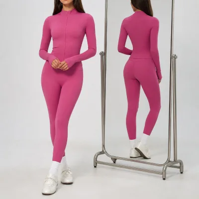 Women's Sportswear 2-Piece Set Long-Sleeve Zip-Up Top Breathable Quick-Drying High Elasticity for Running/Yoga Fitness-Model