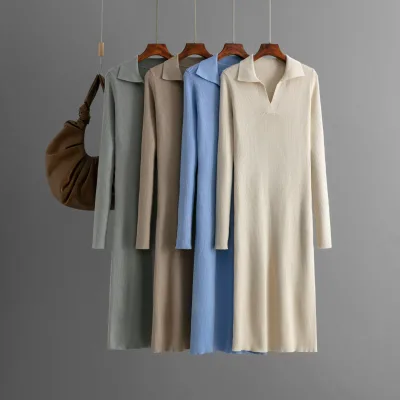 Custom Wholesale Women Sweater Dress Solid Color V-neck Lady Slim Bodycon Turn-down Collar Ribbed Knitting Dress