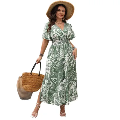 New Arrival Women's Midi Casual Wrap Floral Boho Short Sleeve V Neck Split Ruffle Long Dresses for Summer