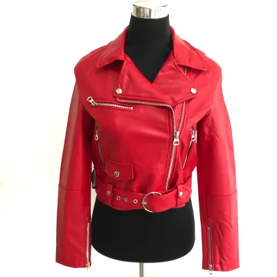 2023 Ladies PU Leather Short Jacket with High Quality Women Red Coat Jacket Apparel Stock Lot