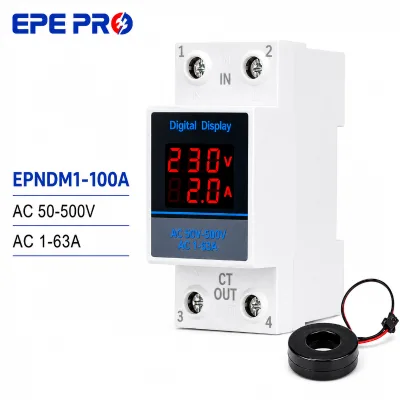 DIN Rail AC Voltage Current Meter 50-500V 1-63A Digital Voltmeter Ammeter LED Display Energy Monitoring Meter