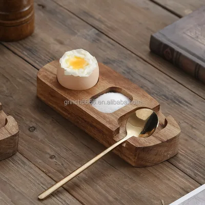 Wood Egg Tray Wooden Holder for One Egg Easter Egg Serving Plate Storage Holder With Spoon