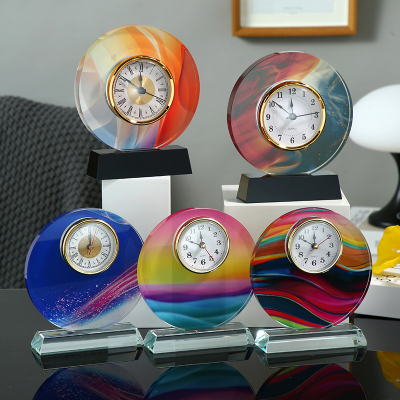 HBL Colorful Custom Engraved UV Printing Crystal Glass Clock for Office Desk Business Gifts Desktop Decoration