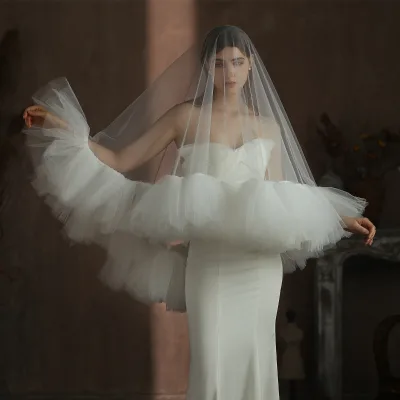 women Bridal Veil  Lady Fluffy Ruffled White  Wedding veil