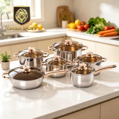 KAISA HOFF Home Cooking Stainless Steel 12pcs Cookware Set Golden Handle non-stick Fry Pan Soup Stock Sot Set 18/10