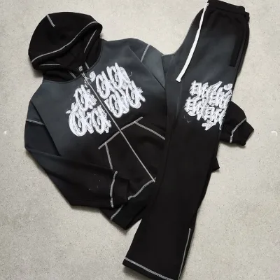 OEM Custom Contrast Stitching Patch Embroidery Vintage Wash Hoodie and Sweatpants Set Sweatsuit Tracksuit Men
