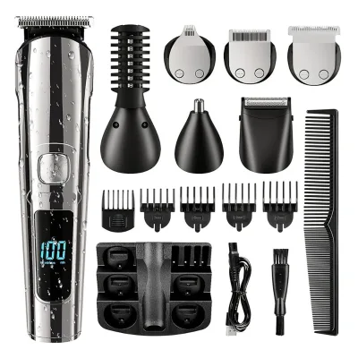 IPX5 Waterproof Hair Clipper 6 in 1 USB Rechargeable Stainless Steel Blade Low Noise Battery Display Portable Grooming Kit