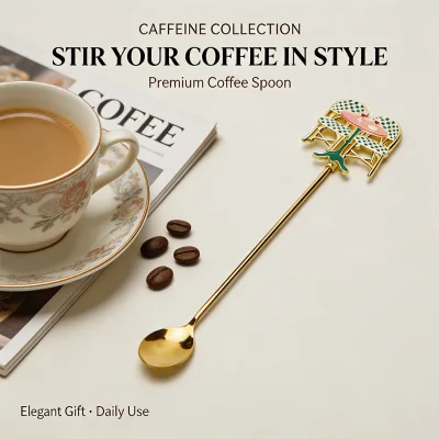 Luxury Golden Long Handle Resealable Dessert Spoon Top Engraved Souvenir Gift for Cafe Home Office Corporate Present