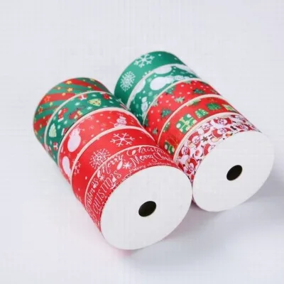 Merry Christmas Printed 100% Polyester Grosgrain Ribbon Flower-Design Webbing for Gift Wrapping Bags Crafts