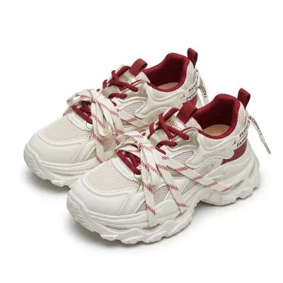 Trendy Double Laces Women's Daddy Shoes 5cm Hidden Wedge Sneakers Contrast Burgundy Mesh Upper Comfort Pigskin Insole Rubber
