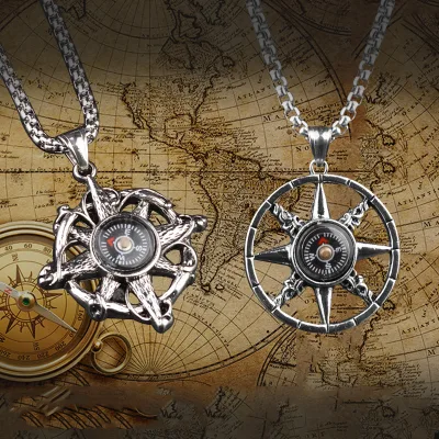 New Fashionable Hip Hop Titanium Steel Evil Devil Eyes Cirrus Rune Gemstone Compass Pendant Necklaces for Men