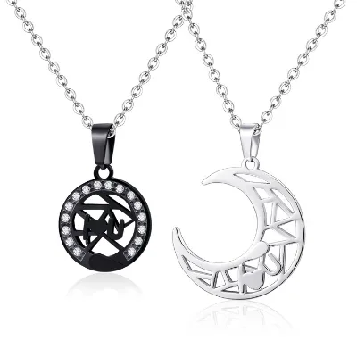 Unique I LOVE YOU Couples Valentine's Day Gift Puzzle Jigsaw Stainless Steel Moon Shape Pendant Jewelry Necklace