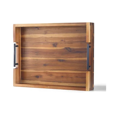 Acacia Wood Serving Tray with Black Metal Handles