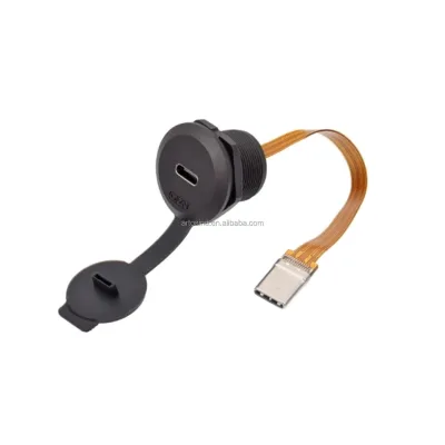 Threaded Female to Male Socket Cable Assembly Dust Cover FPC Flexible Flat Cable Panel Mount Type C IP67 Waterproof Connector