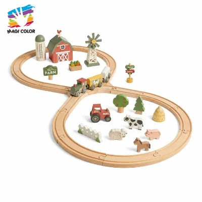 Wooden Figure 8 Farm Train Track Play Set with Barn, Windmill, Farm Animals &Tractor Acces Country Educational Train Toy W04C311