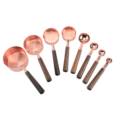 China Factory 8pcs Eco-Friendly Stainless Steel Measuring Cups and Spoons Set with Wooden Handle