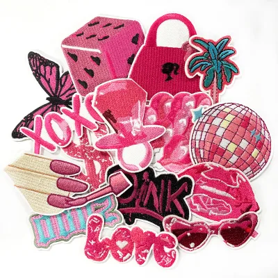 Wholesale Custom Y2K Embroidered Patches Assorted Pink Theme Iron on Badges for Jackets Ready to Ship
