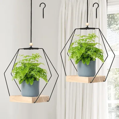 Boho Macrame Hanging Plant Holder with Wood Base, Hanging Planter Shelf for Indoor Plants