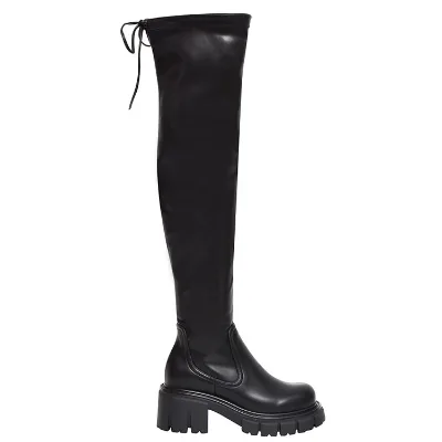 Black Stretch Leather Knee High Boots 6.5cm Winter Collection