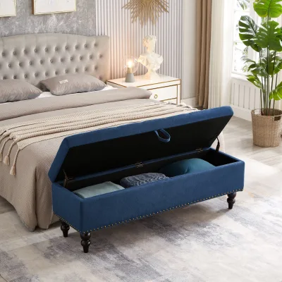 Modern Fabric Storage Bench Ottoman Flip-top Hidden Storage Tufted End Nailhead Trim Solid Wood Frame-Bedroom/Living Room Use